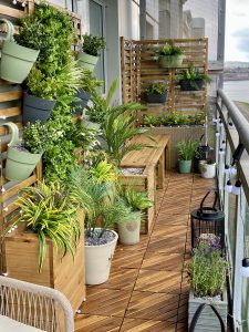 A beautifully styled Edinburgh balcony featuring planters, wooden decking, and lush greenery.