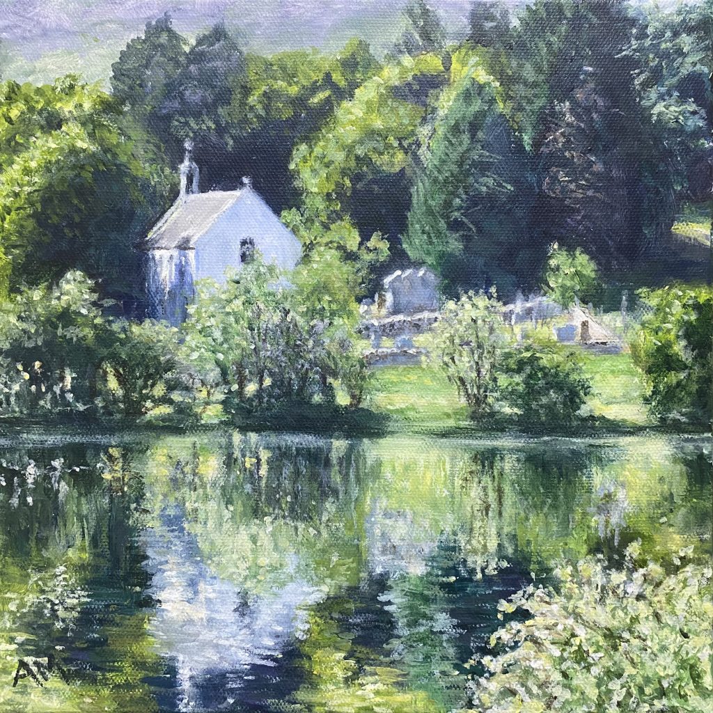 Acrylic painting of Alvie Church surrounded by lush greenery, with its reflection shimmering in a tranquil pond. Created by Angela Moffat, artist based in Edinburgh, Scotland