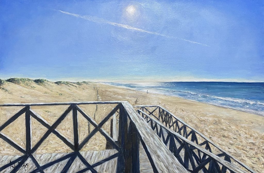 Acrylic painting of a sunny beach with a wooden walkway at Puerto de Lagos, created by Angela Moffat, artist based in Edinburgh, Scotland.