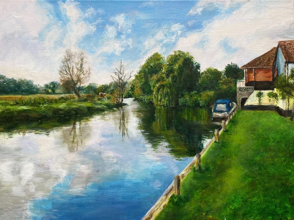 Riverside view with lush greenery and a countryside house, painted by Angela Moffat, an artist based in Scotland, using acrylic on canvas