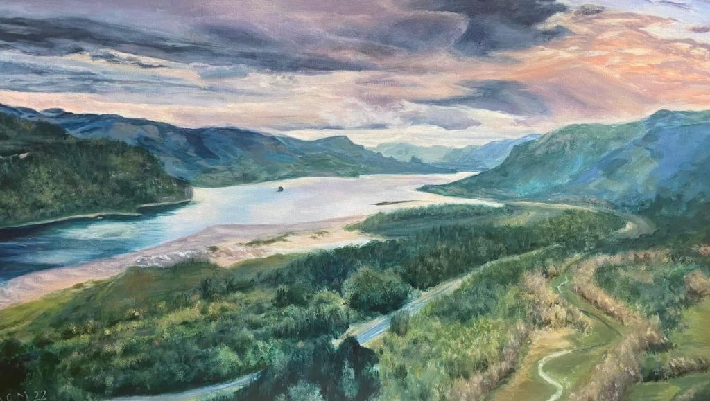 Acrylic painting of the Columbia River Gorge from Crown Point, Oregon, showcasing a breathtaking view of lush greenery, a winding river, and dramatic skies. Created by Angela Moffat, an artist based in Edinburgh, Scotland.