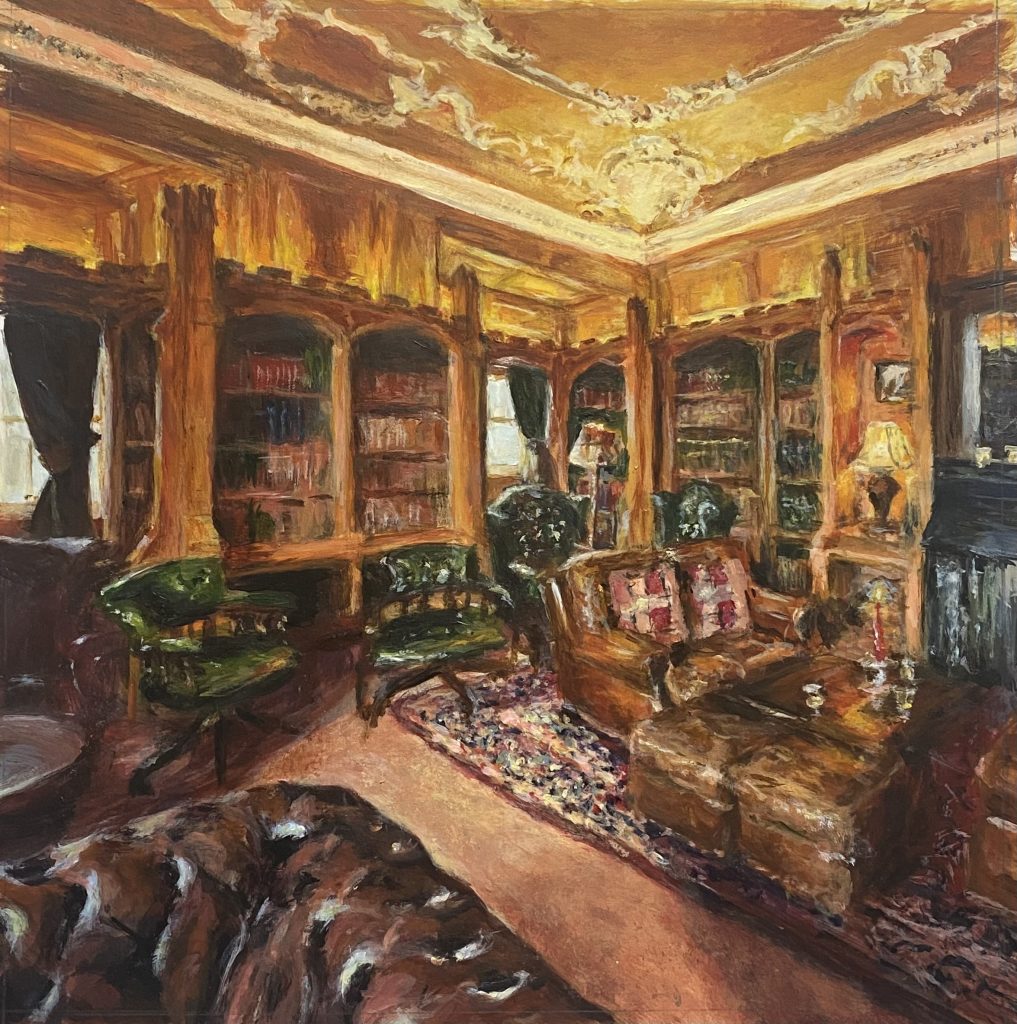 Acrylic painting of Dalhousie Castle’s luxurious library interior, created by Angela Moffat, artist based in Edinburgh, Scotland.