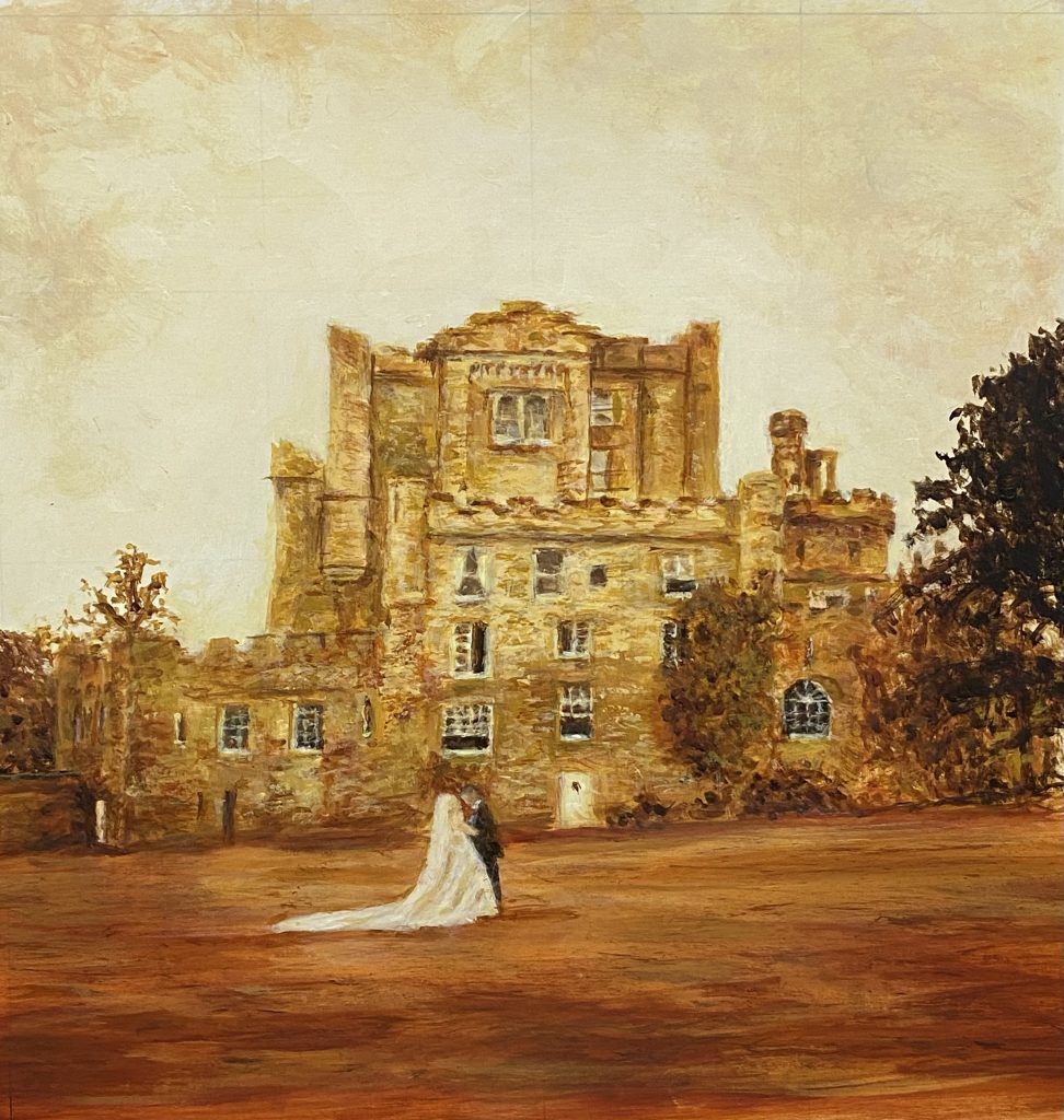 Acrylic painting of a wedding couple in front of Dalhousie Castle, created by Angela Moffat, artist based in Edinburgh, Scotland.