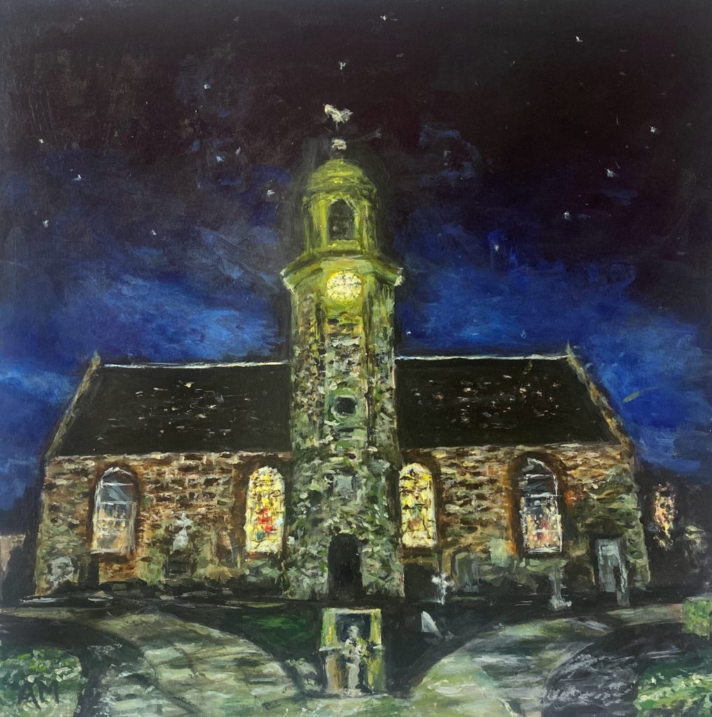 Painting of Elie Church illuminated at night under a starry sky, created by Angela Moffat, an artist based in Edinburgh, Scotland, using acrylic on canvas.