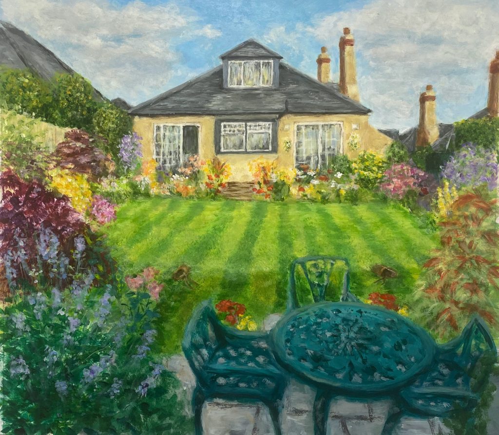 Vivid garden with lush flowers and a yellow house in the background, painted by Angela Moffat, an artist in Scotland, using acrylic on canvas.