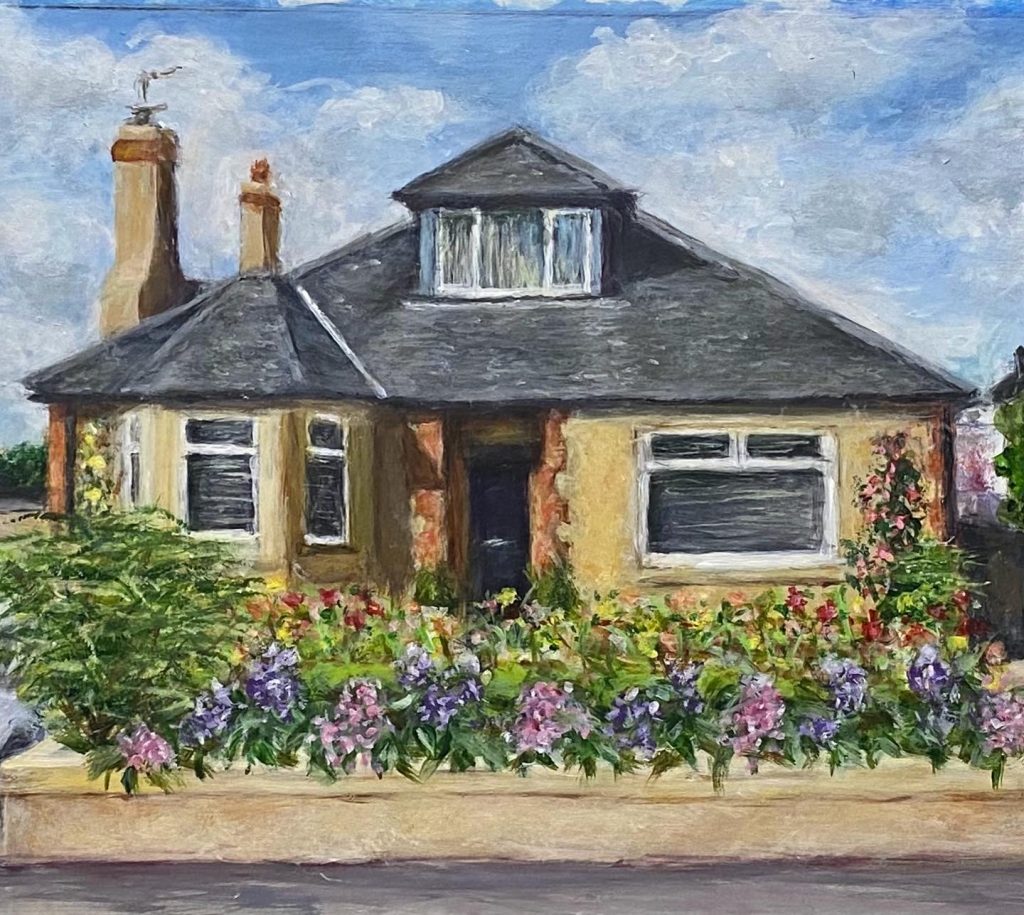 Acrylic painting of a charming house with a vibrant front garden full of colorful flowers. Created by Angela Moffat, artist based in Edinburgh, Scotland.