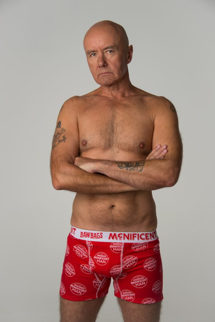 Irvine Welsh wearing red McEwan’s McNificent Bawbags boxers in support of Prostate Cancer UK, styled by Angela Moffat, Stylist based in Edinburgh, Scotland