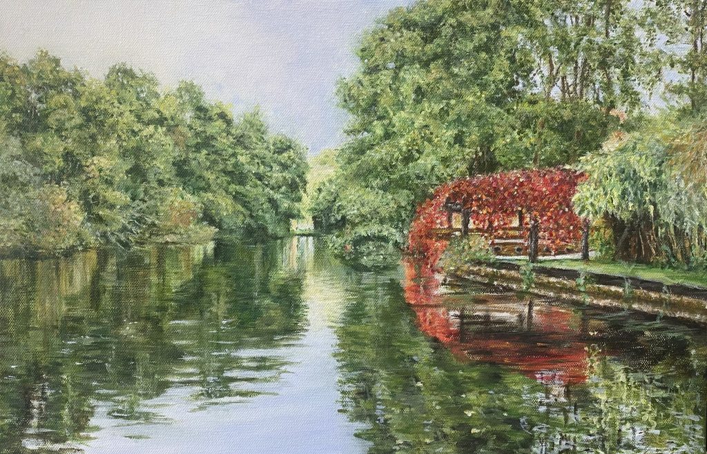 Acrylic painting of the River Bure at Norfolk Broads, featuring lush greenery and reflections on the water, created by Angela Moffat, artist based in Edinburgh, Scotland.
