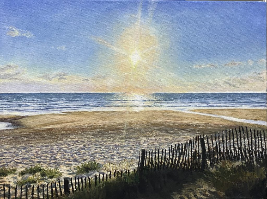 Sunset over a serene beach with a fence in the foreground, painted by Angela Moffat, artist based in Scotland, in acrylic on canvas