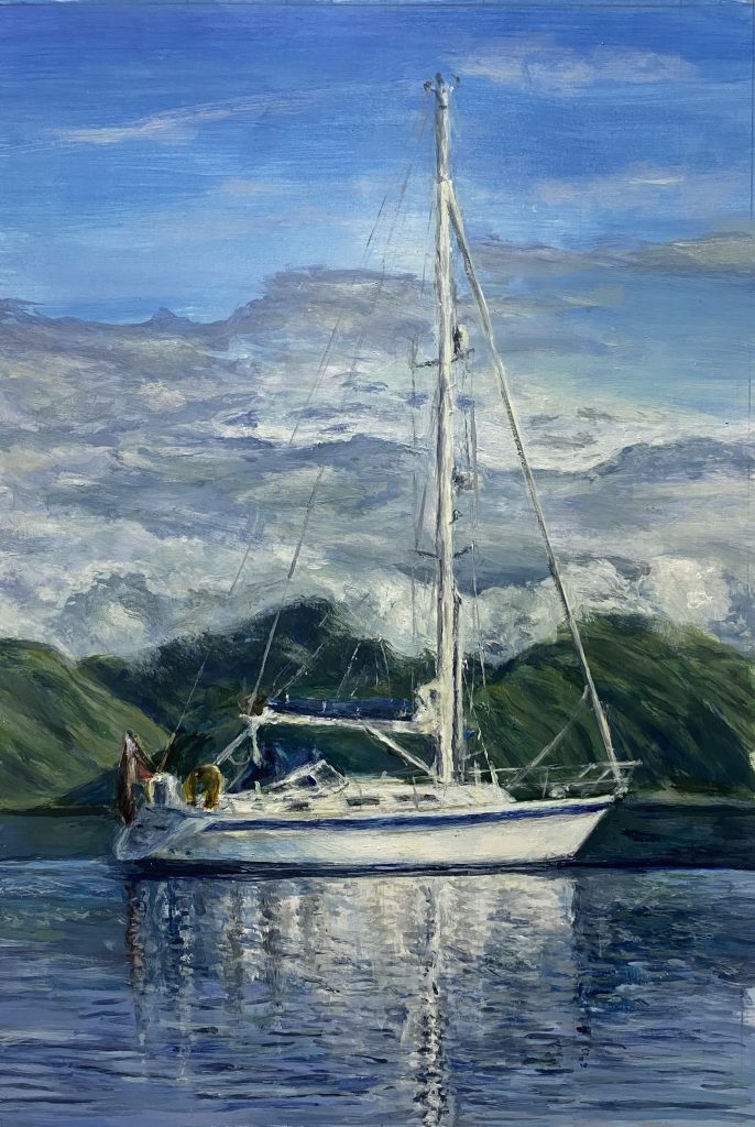 Acrylic painting of a white sailing boat on calm waters set against the mountainous backdrop of the West Coast of Scotland, by Angela Moffat, an Edinburgh-based artist.