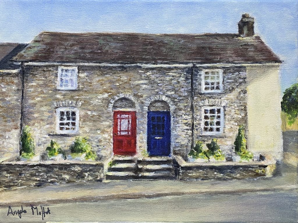 Acrylic painting of a stone cottage in Wales with red and blue doors, created by Angela Moffat, artist based in Edinburgh, Scotland.